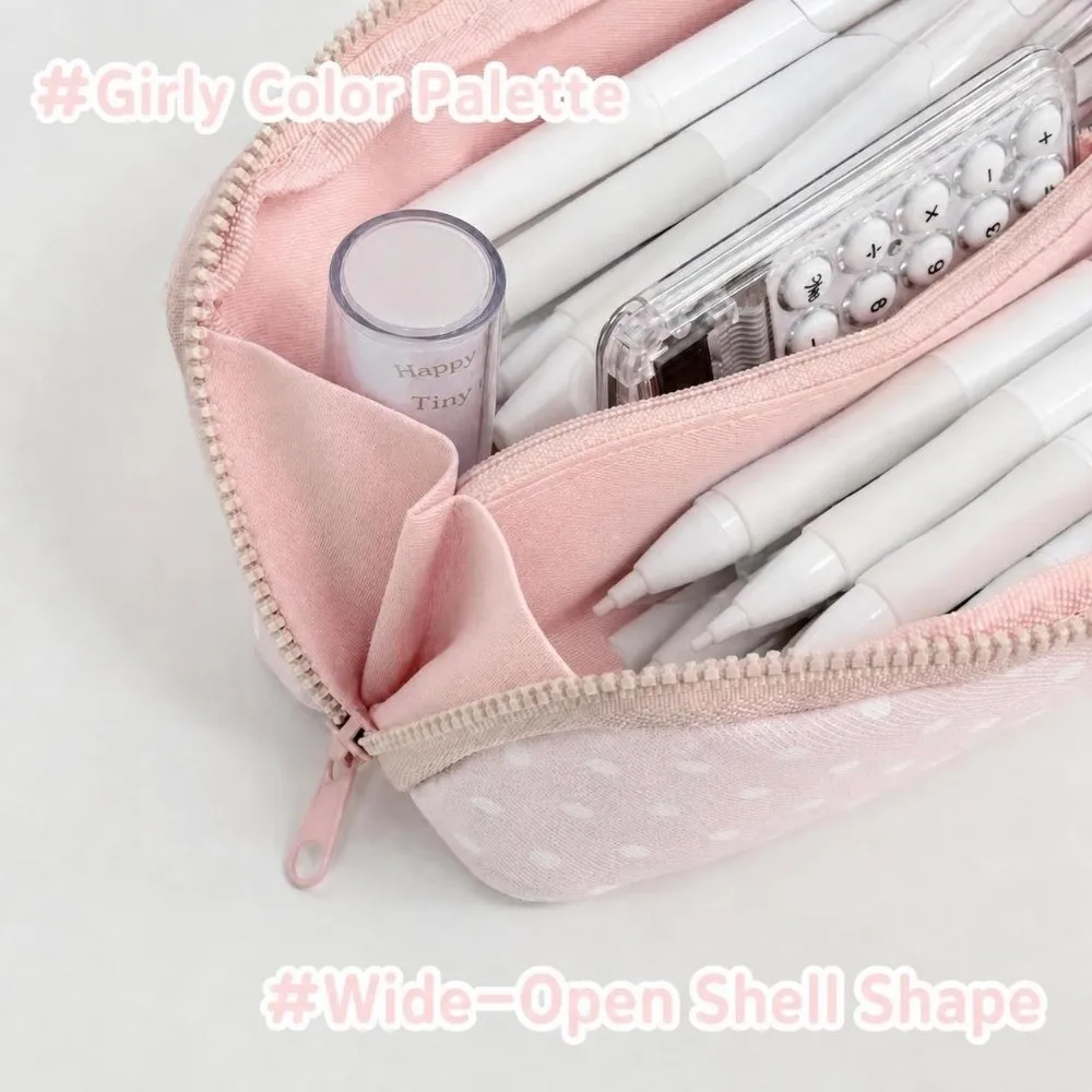 Korean Style Pink Polka Dot Pencil Case Double Snap Button Large Capacity Pen Bag Stationery Bag Gift