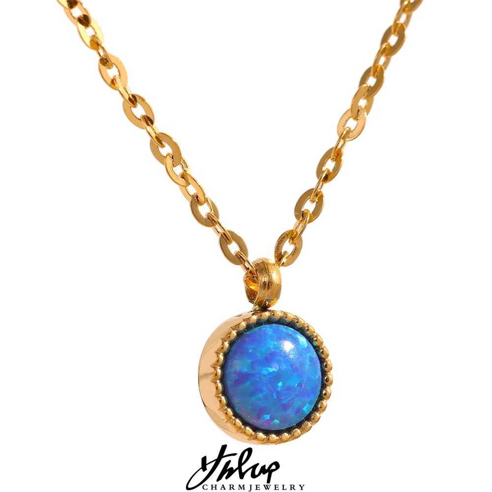 Yhpup Charm Chic Blue Opal Natural Stone Small Pendant Stainless Steel Gold Color Necklace Waterproof Trendy Jewelry Women New