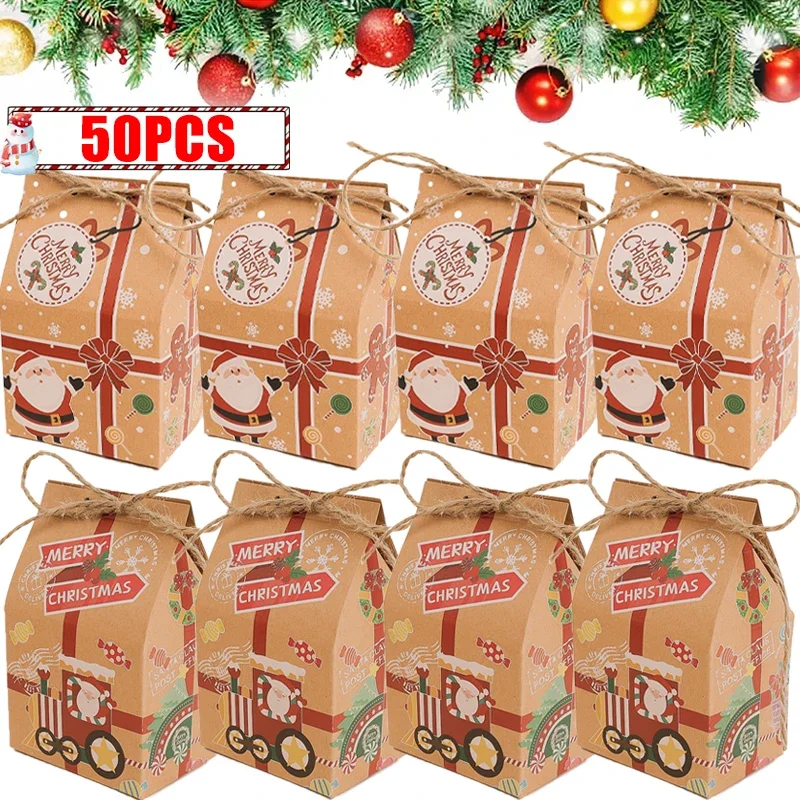 1/50PCS Kraft Paper Christmas Gift Bag Candy Cookie Snack Packaging Box Xmas New Year Party Home Decoration Wrapping Supplies