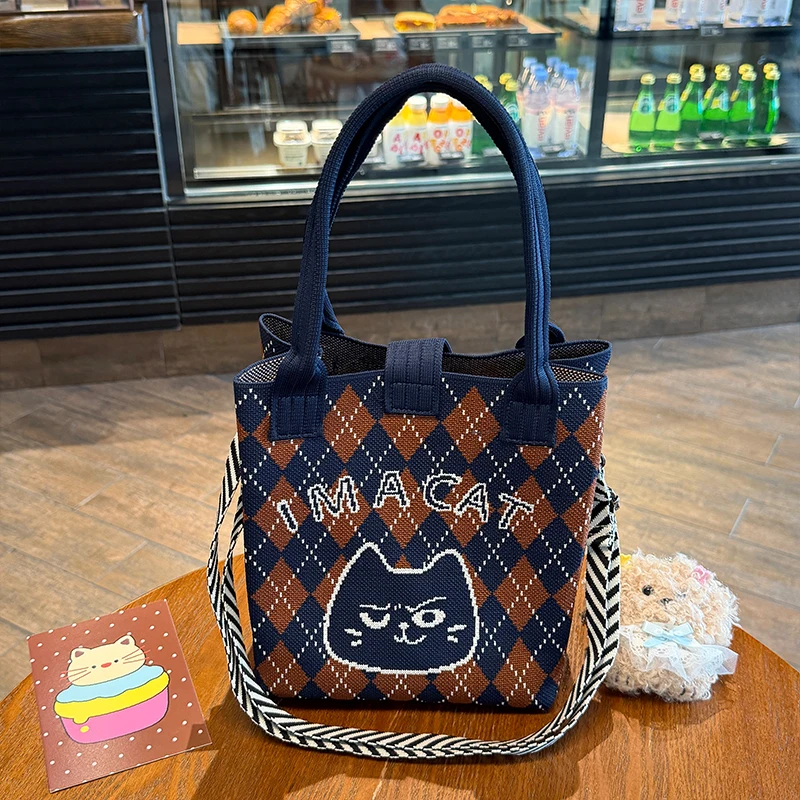 Cartoon Kitten Knitted Shoulder Bag, High-Quality Eco-Friendly Gift Bag, Multifunctional Large-Capacity Tote Bag, Suitable for Gifting to Family, Friends, Classmates, Holiday Shopping, Fashionable Crossbody Bag, Daily Casual Outing, Carrying Essentials, Women's Handbag
