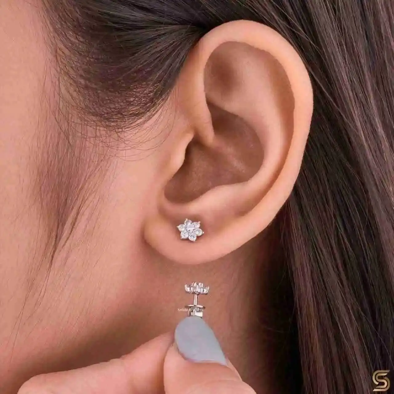 14K White Gold Moissanite Flower Stud Earrings | 0.36 CT Floral Cluster Round Cut Studs | Satani Brothers
