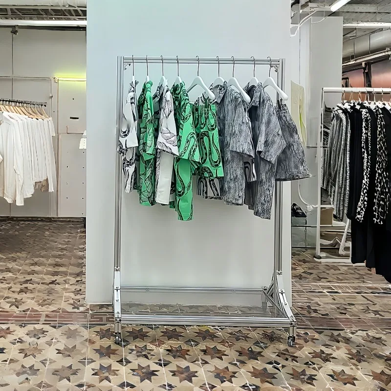 Nordic wheeled mobile clothing display rack, clothing store shelf, creative floor-standing hanging clothes display rack