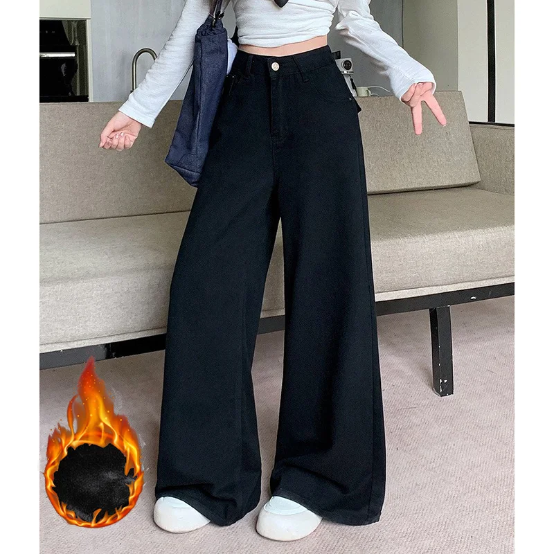 Winter Lady High Waist Solid Plush Jeans Female Snow Warm Velvet Trousers Girls Korean Fashion Baggy Thermal Denim Pants