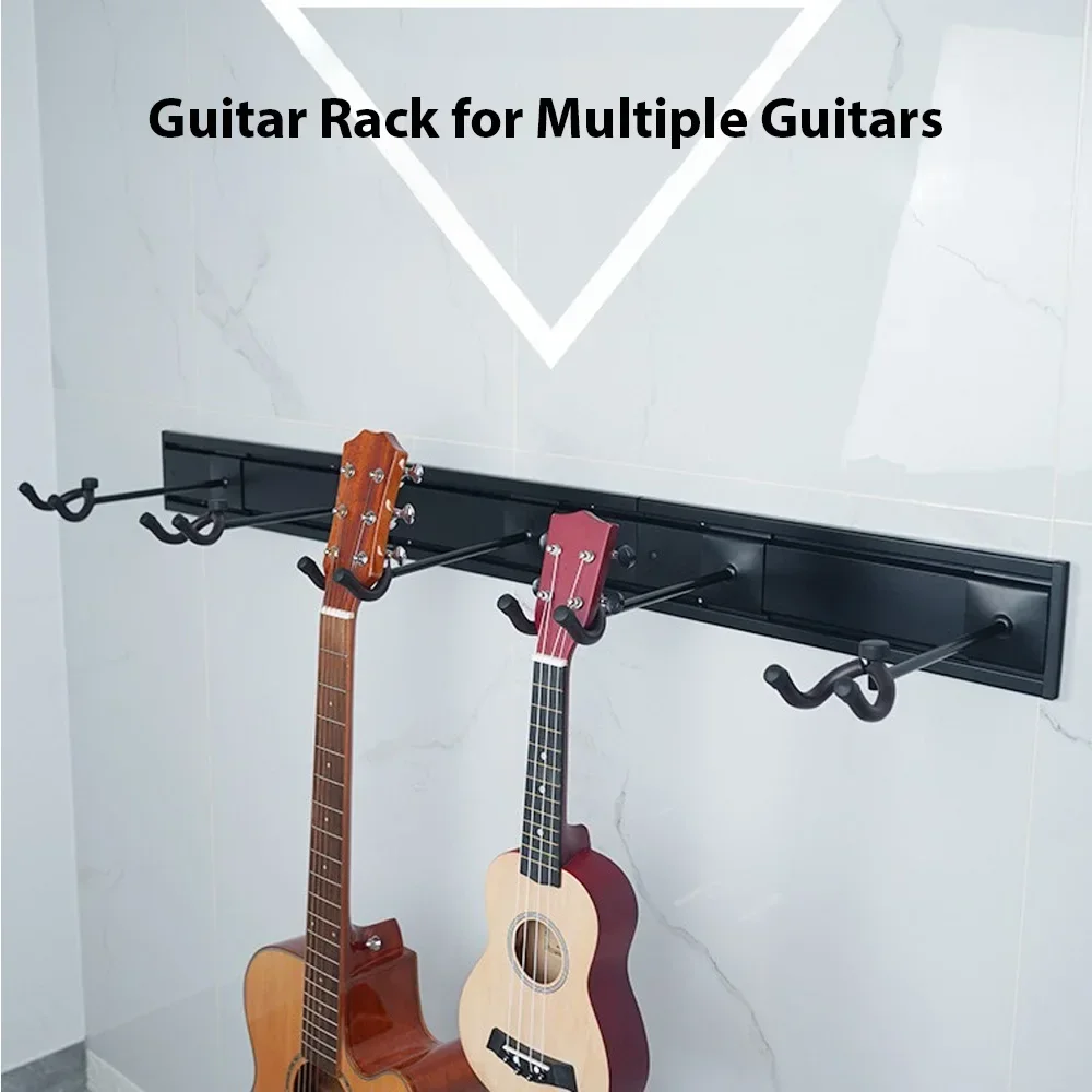 Guitar Rack for Multiple Guitars Wall Mount Hanger Holds 5 Guitars Aluminum Alloy Adjustable Hook Position Slatwall Rail Stand