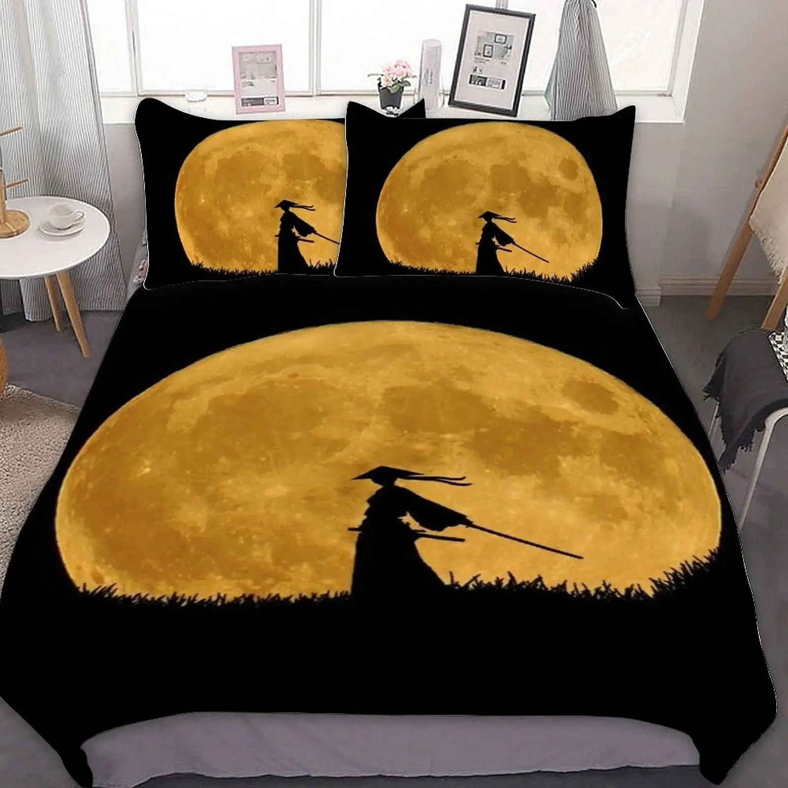 Japanese Samurai Bedding Set, Japan Sunset Landscape Building Silhouette Duvet Cover For Men Teens, Black Red