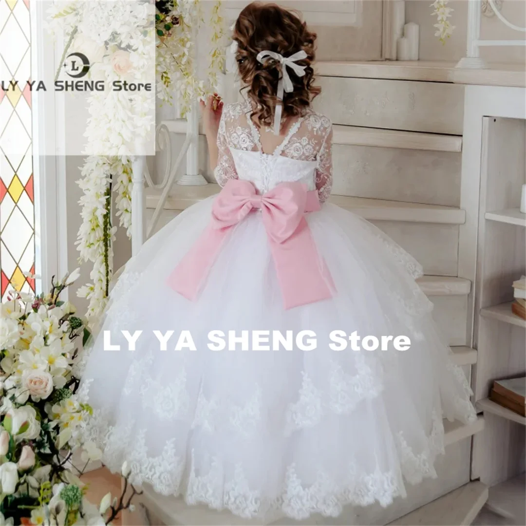 White Flower Girl Dresses Tulle Lace Appliques With Pink Bow Half Sleeve For Wedding Birthday Party First Communion Gowns