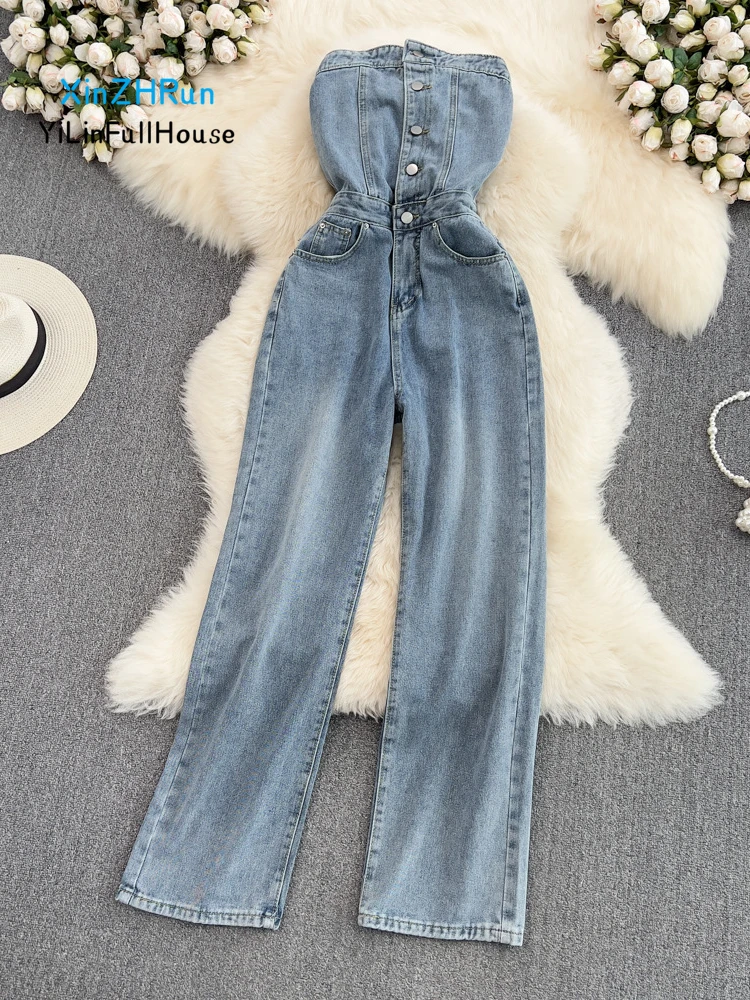 

Summer Women Fashion Retro Bra Jumpsuit High Waist Open Back Sleeveless Single Breasted Denim Straight Through Wide Leg Jumpsuit