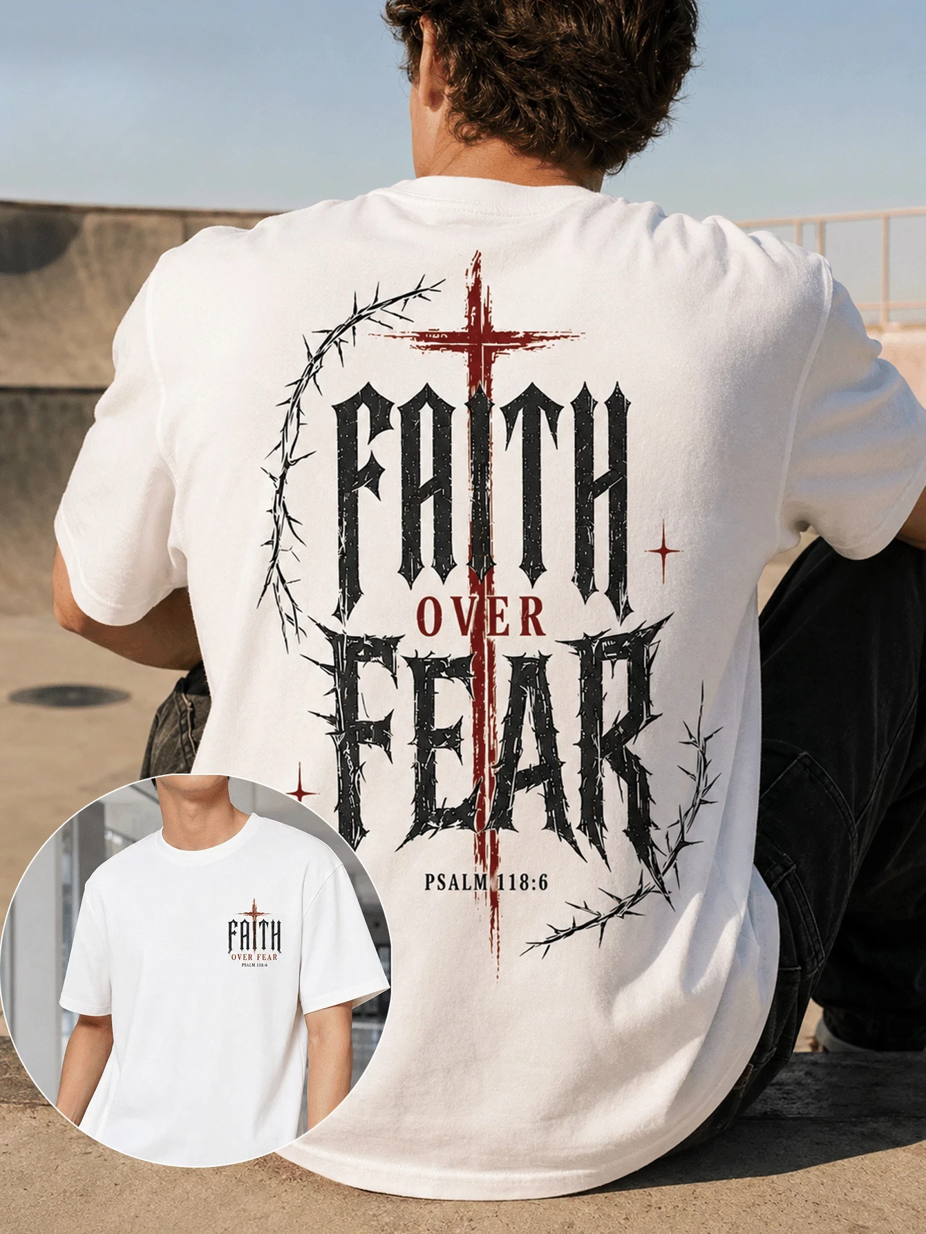 Men's Faith Over Fear Gothic Cross Graphic T-Shirt, 100% Cotton Crew Neck Short Sleeve Christian Streetwear Tee