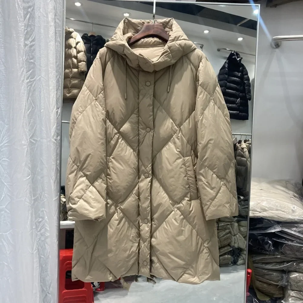 Down Jacket Women Autumn and Winter New Casual Fashion Warm Mid-Length Pressed Plaid White Duck Down Coat Fluffy Solid Color