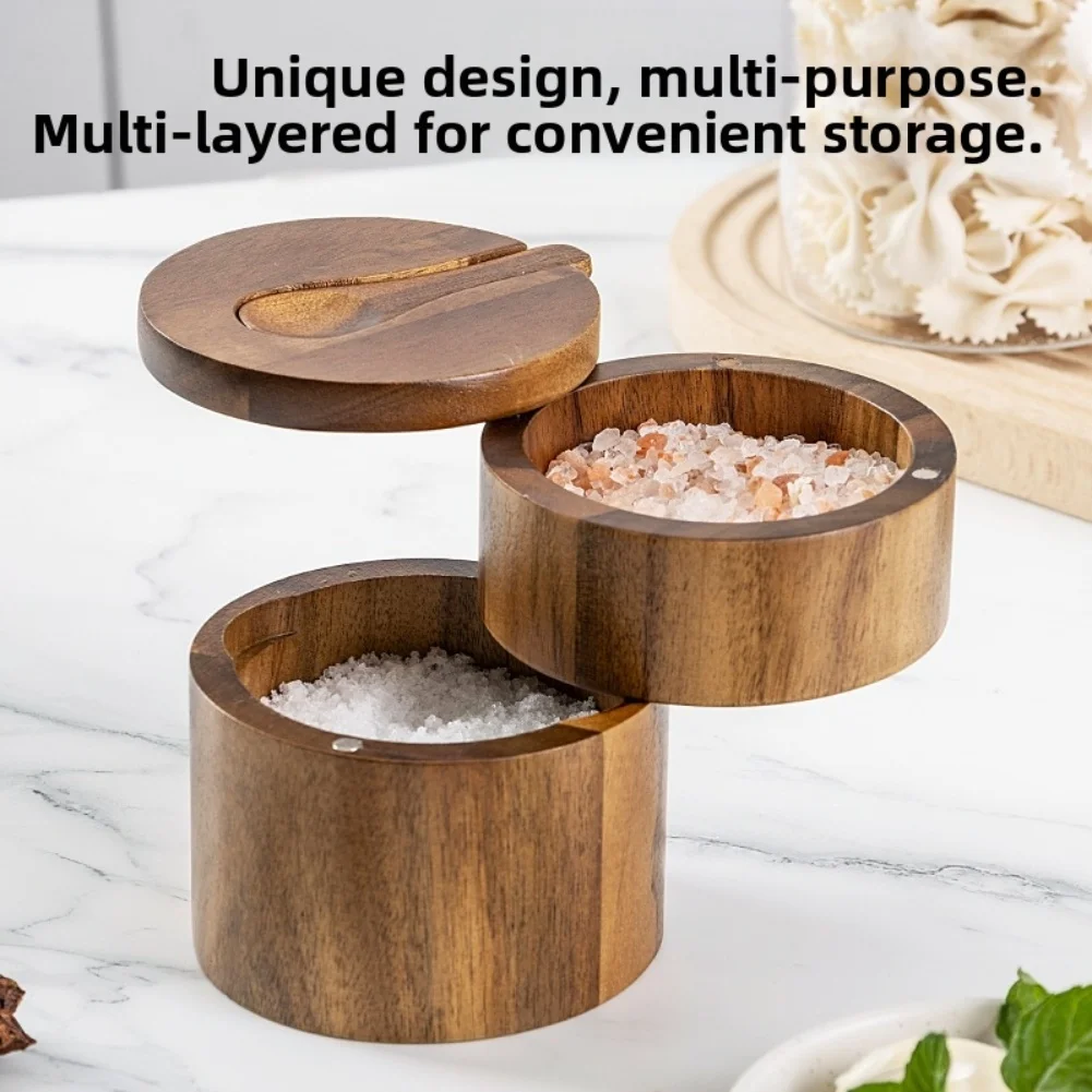 

Natural Acacia Wood Salt Shaker with Multi Compartment Design Magnetic Rotating Lid and Spoon Slot for Kitchen Use