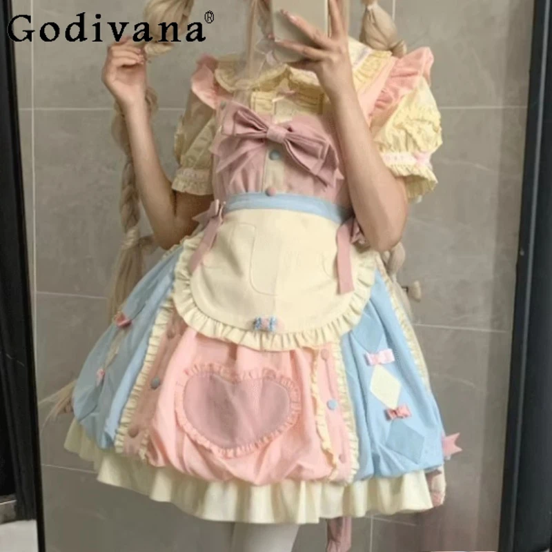 Vestido con tirantes y lazo de Lolita para chica, dulce diario, con cuello cuadrado, a la moda, de cintura alta, corte en A, versátil, con volantes reductores de edad