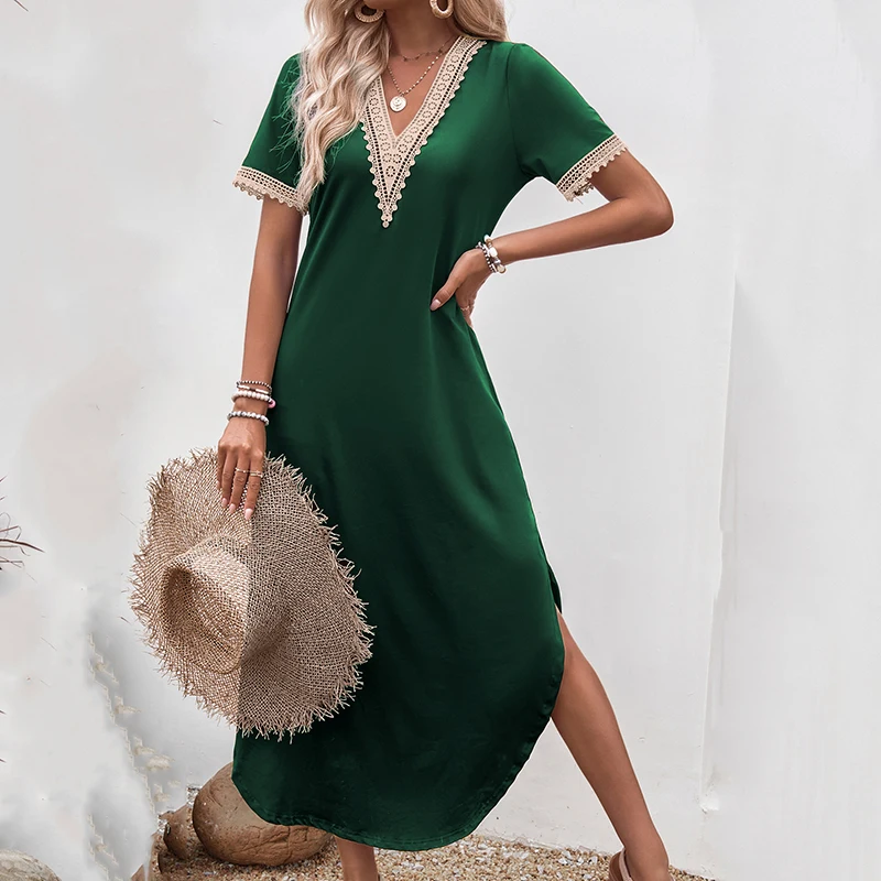 Abito estivo da donna con orlo irregolare tinta unita casual elegante scollo a V in pizzo con giunture a contrasto abiti slim multicolori a maglie