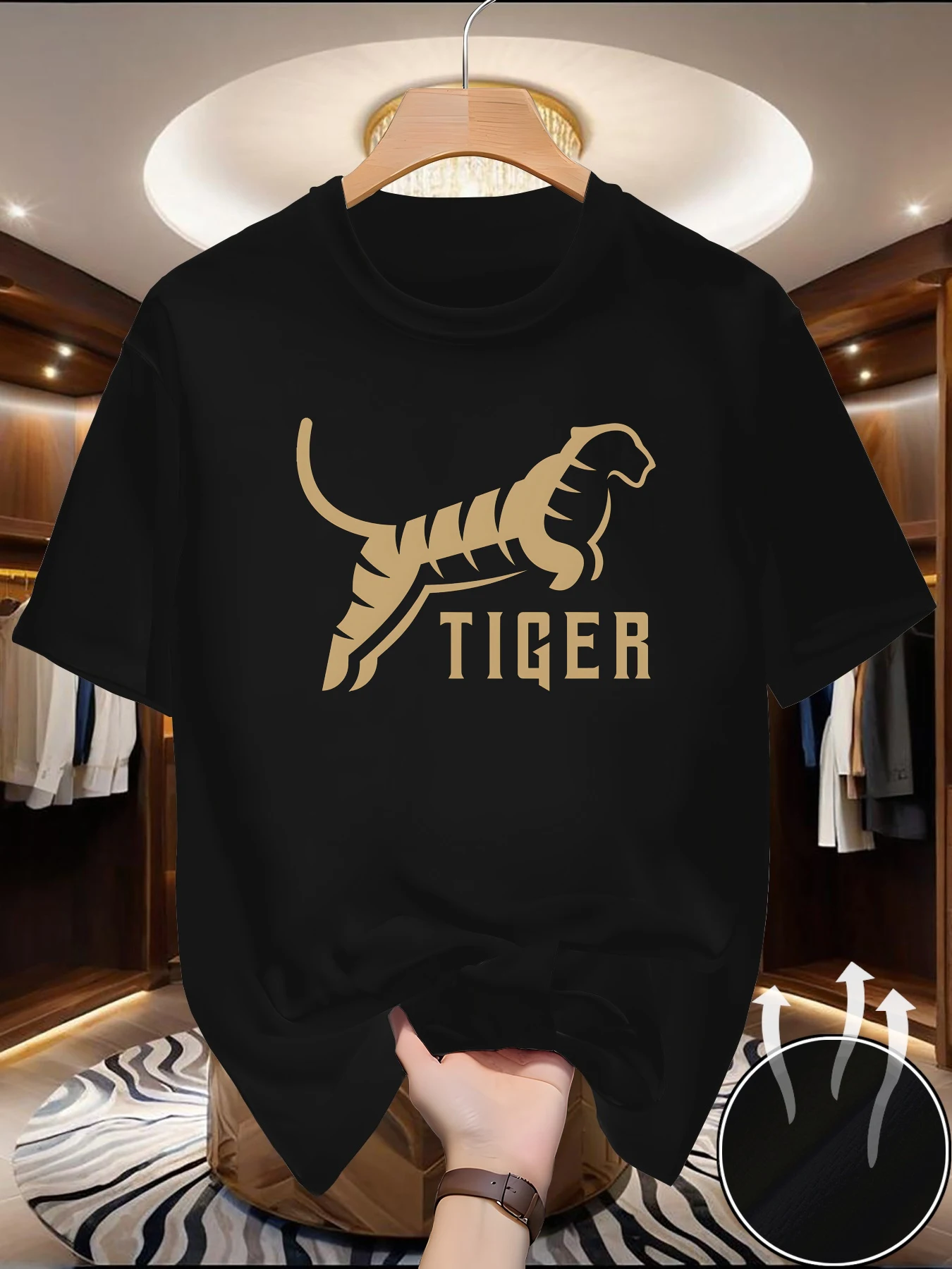 Men's loose short sleeved round neck T-shirt with tiger pattern print, sporty and casual style, suitable for summer wear