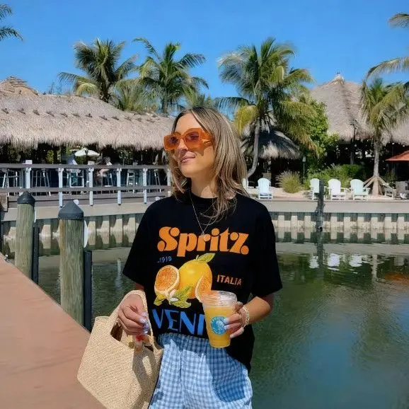 European And American Hot Girl Retro Summer Outfit With Orange Fruit Print Loose Short Sleeved Women's Pure Cotton T-Shirt