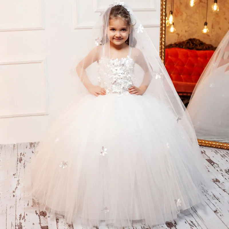 Customized Flower Girl Dresses White Tulle With Flowers Sleeveless For Wedding Birthday Prom Banquet Holy Commmunion Gowns