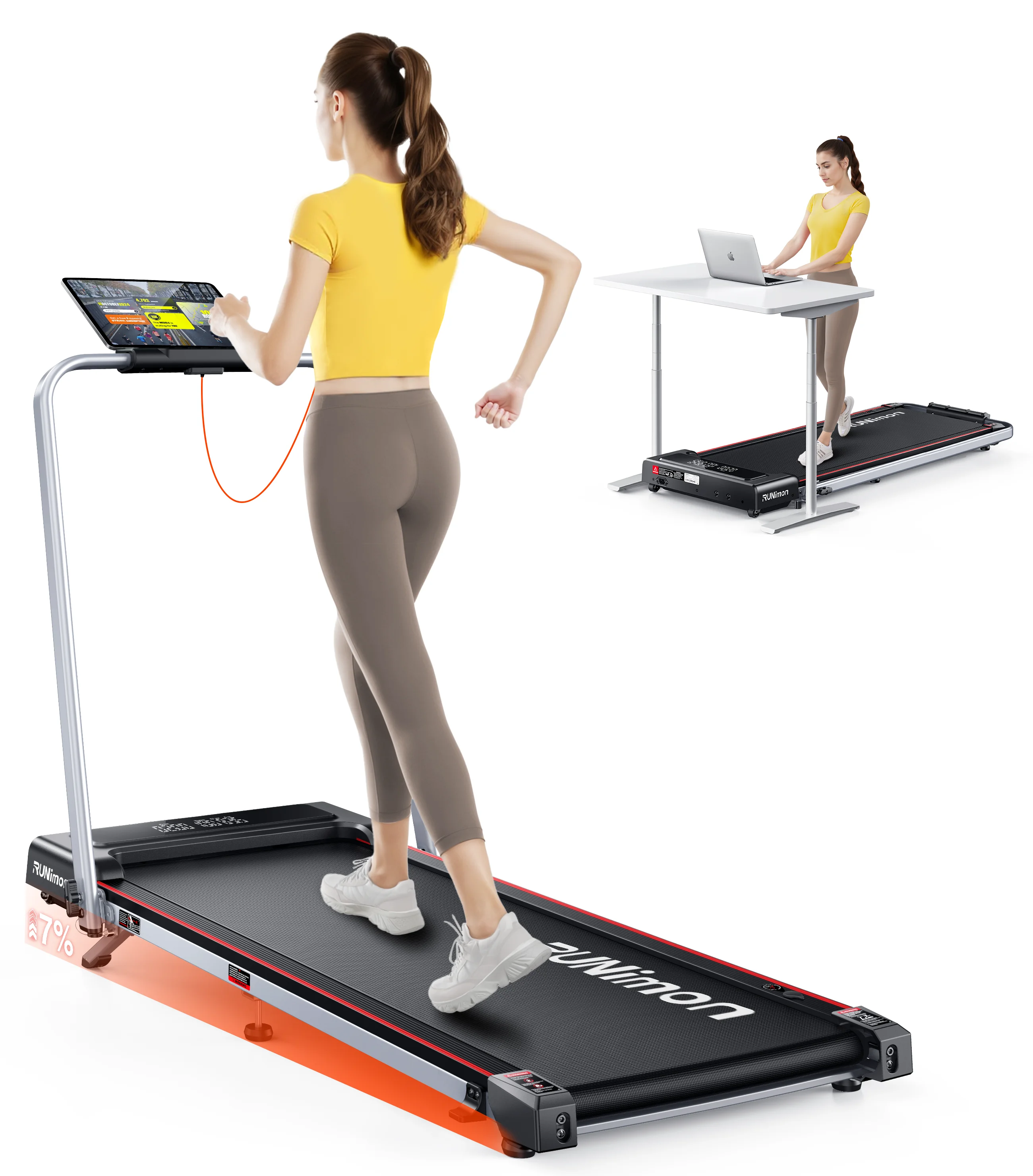 RUNimon Tapis de Course, Inclinaison de 9%,déambulateur électrique Pliable 4en1,Compact et Portable,2.5 HP, Peut être placé sous Le canapé, 12km/h, télécommande, Double écran LED, adapté au Bureau à