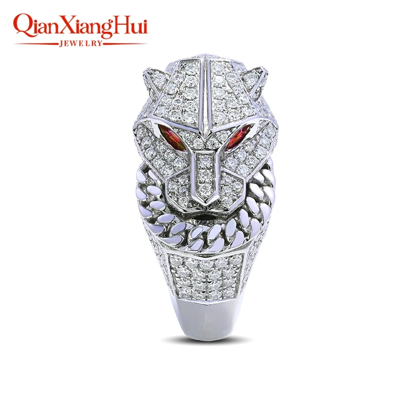 Men's Sterling 925 Silver Tiger Head Ring with Moissanite & Ruby Eyes Hip Hop Fashion Jewelry Gift for Male Friends