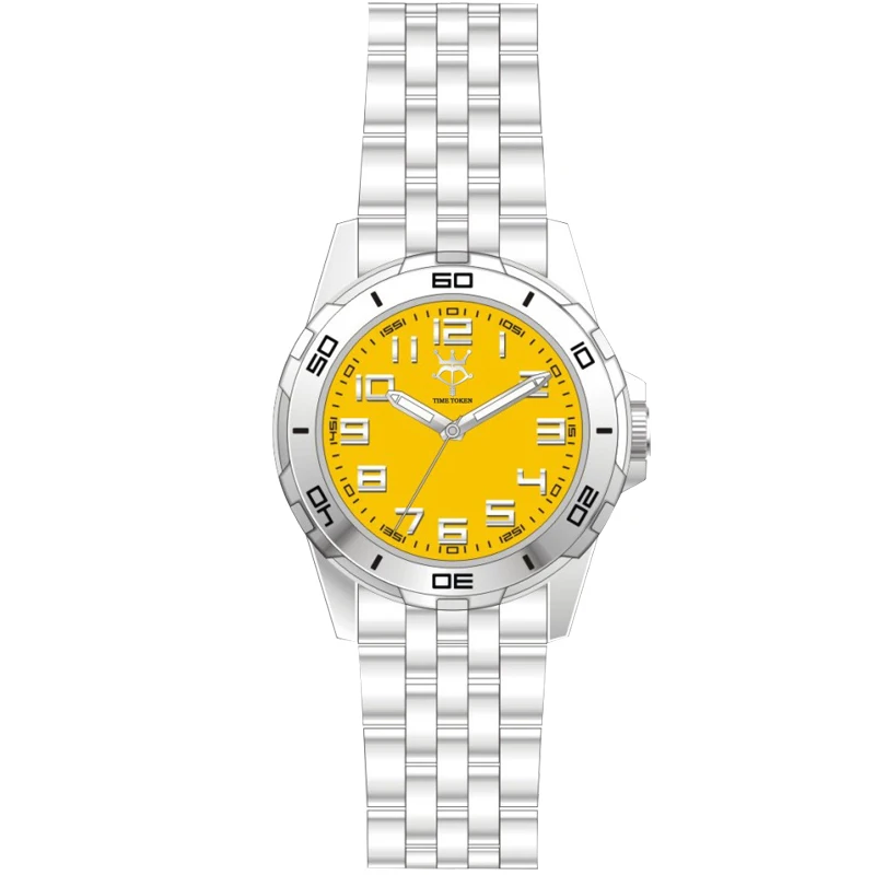 

Time Token Customized Japan Movt Quartz Watches Silver Steel Strap Oem Men's Vintage Yellow Dial Popular Wrist Watch