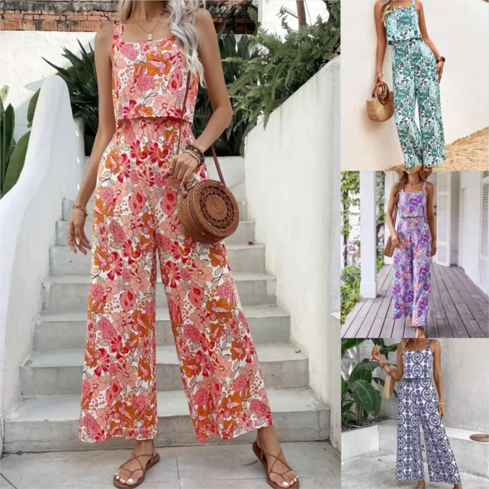 2024 New Women Floral Jumpsuit Sexy Suspender Waist Wide Leg Women\'s Jumpsuit Casual Sleeveless Summer Women\'s Wear