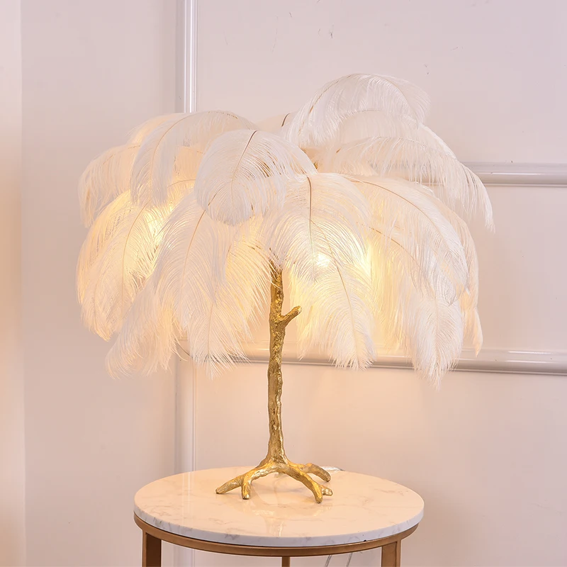 DINGFAN Feather Table Lamp Living Room Bedroom Aluminum Modern Light Luxury Ostrich Style Simple Nordic Decorative Table Lamp