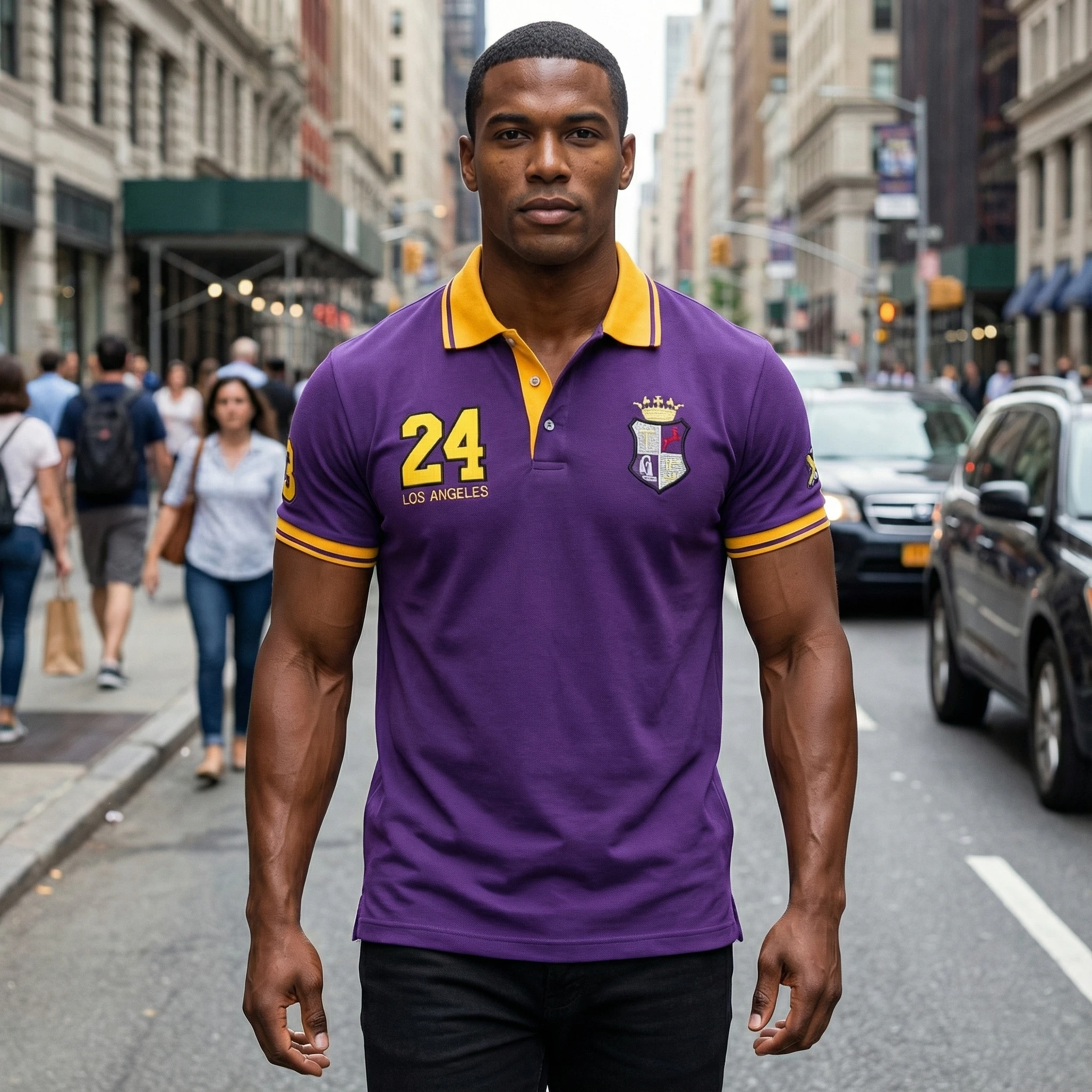 Herren-Poloshirt aus Baumwolle mit Stickerei, originelles Design LA Nr. 24, Nr. 8, limitierte Auflage, violett-goldfarben, modisches Freizeitoberteil