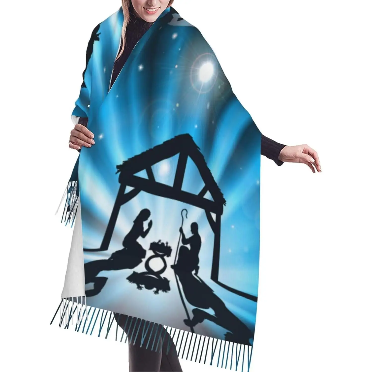 

Рождественский Рождественский шарф с кисточками Иисуса Святой Ночи, модные шарфы с бахромой, классический зимний теплый шарф-шаль, подарки