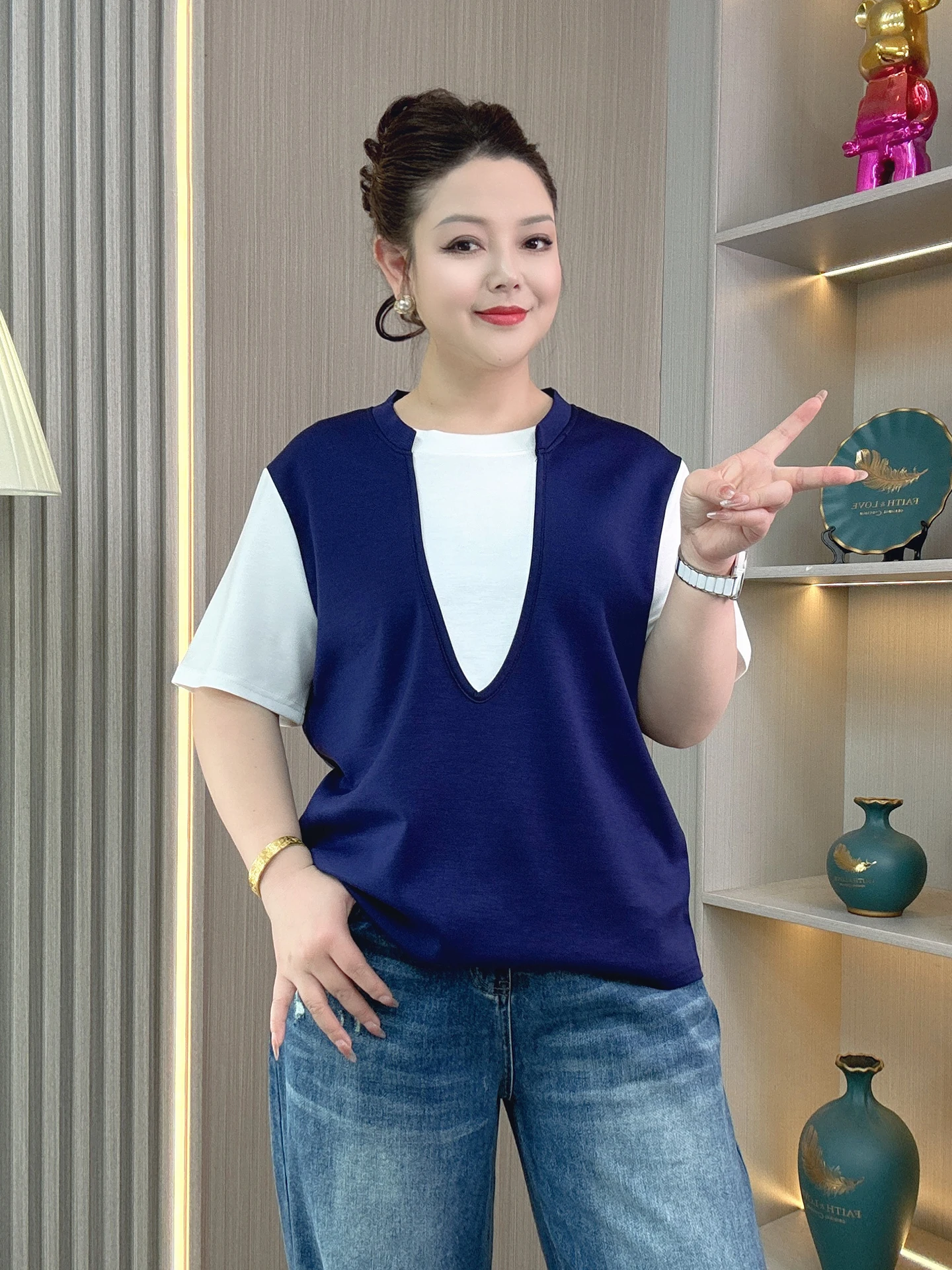 

plus Size Women's Short Sleeve T-Shirt Loose Fit Color Block Top Summer New Style Conceal Meat Slimming Effectiveness Casual ...