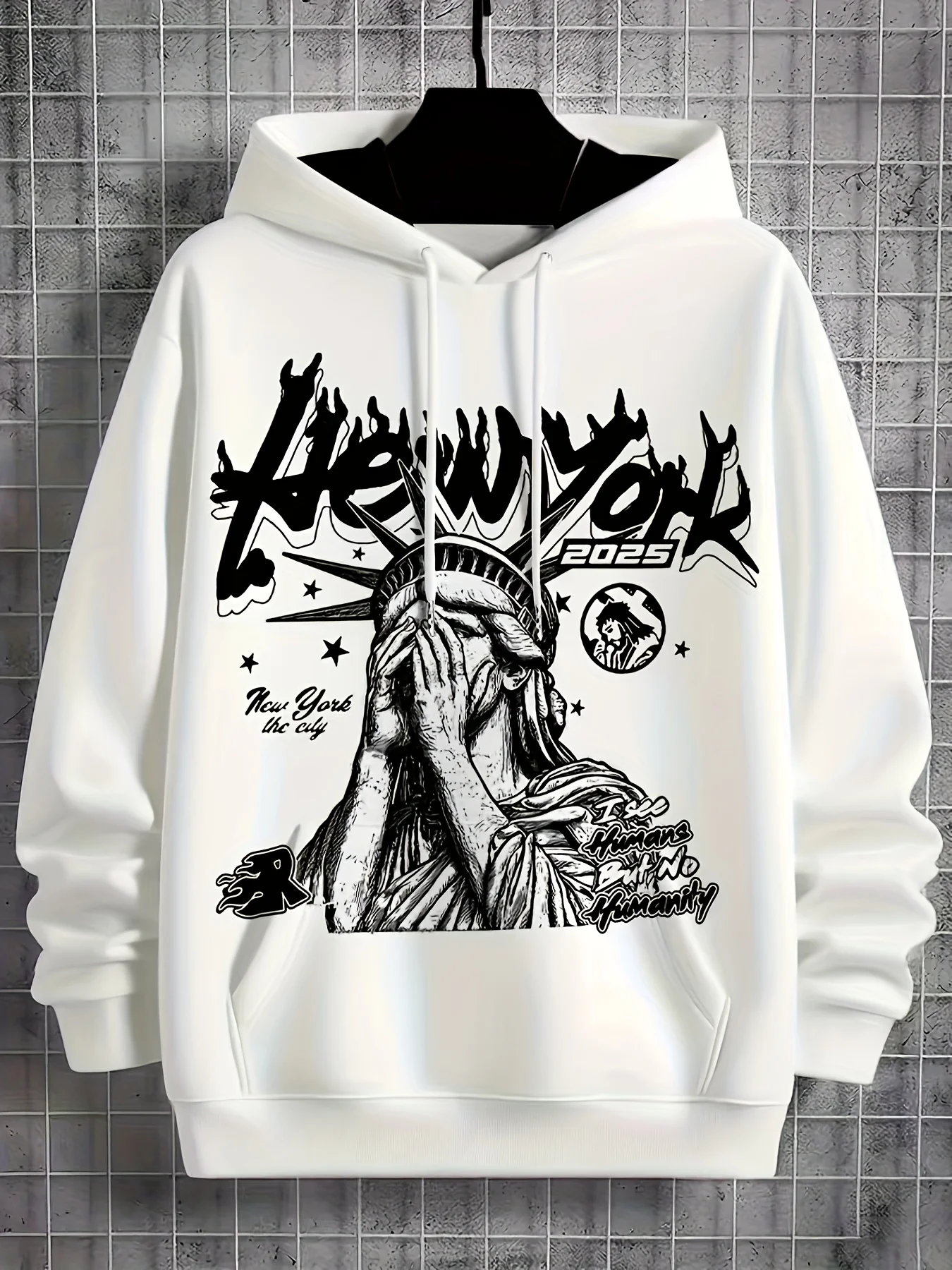 Fashionable men's autumn personalized Statue of Liberty print micro elastic comfortable hooded sweatshirt outdoor street top