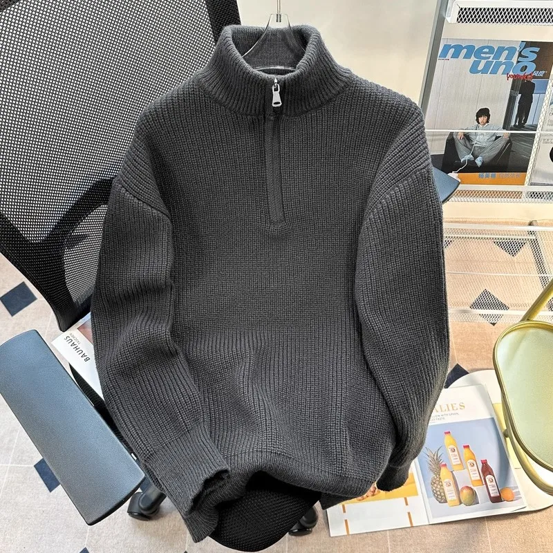 

Модный винтажный мужской трикотажный свитер с высоким воротником на молнии, свободный, повседневный, универсальный, осенне-зимний, из полиэфирного волокна, мягкий и удобный