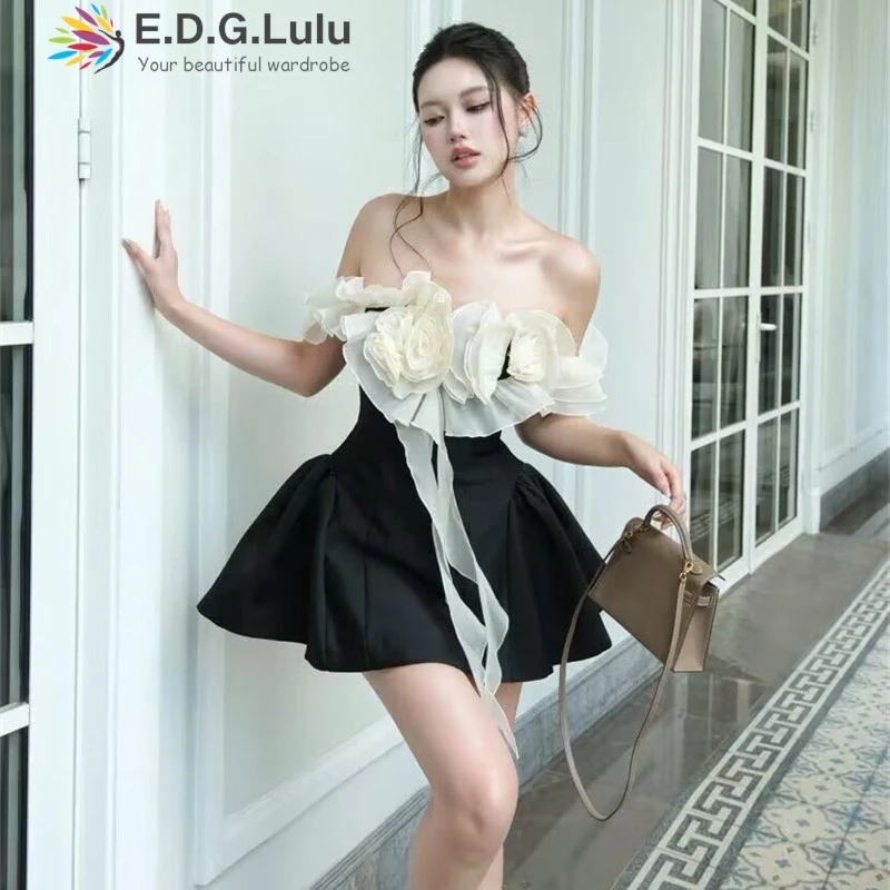 

EDGLuLu Платье без бретелек с 3D цветочным декором для дня рождения, женское, с открытыми плечами, короткими рукавами, сексуальное, с открытой спиной, мини-платье для вечеринки 0317