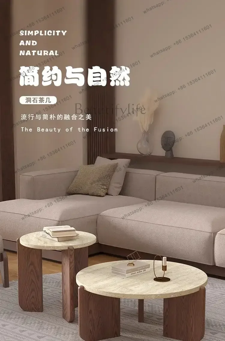 YJ Home Marble Solid Wood Balcony Marble Low Table Furniture Nordic Style Round Travertine Coffee Table Small Apartment Living R