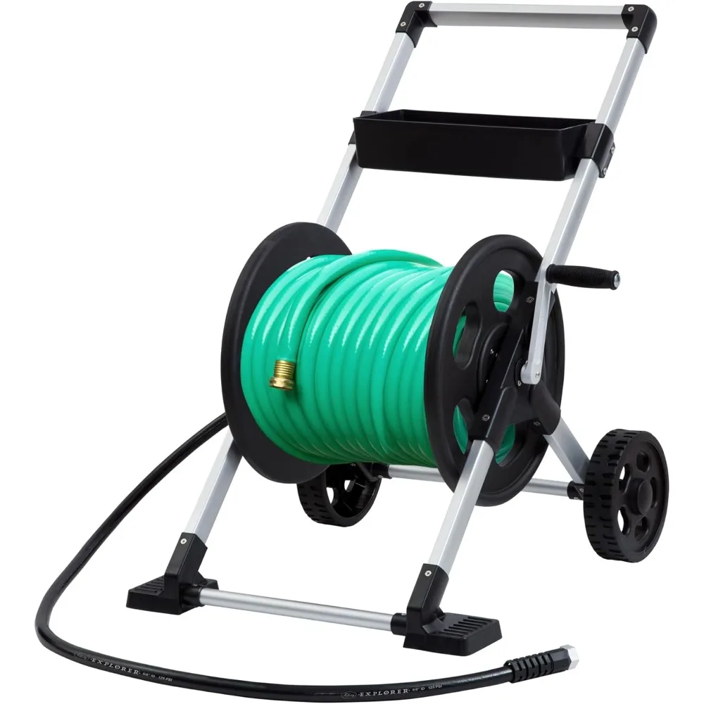 

aluminum dual-wheel hose reel cart, silver/black, accommodates 250-feet 5/8" hose