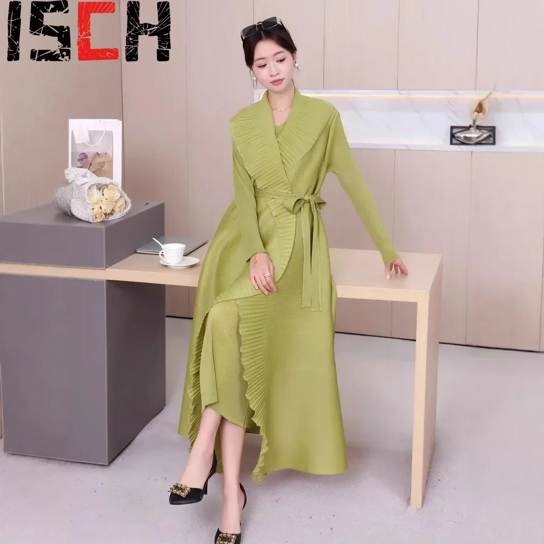 Pleats Fold Lotus Leaf Edge Dress Set Pure Color Vest Long Skirt + Long Cloak Coat Two Sets of Commuting Fashion Women Clothing