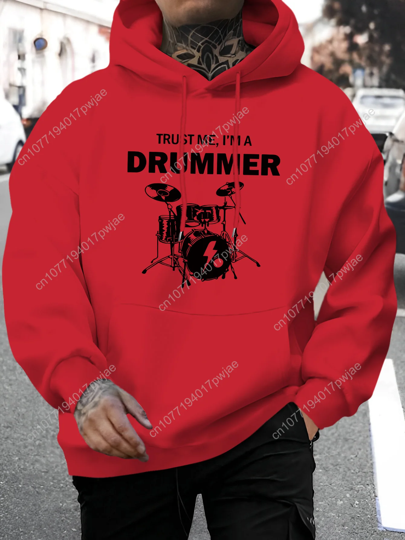 [Felpa con cappuccio grafica da uomo] Felpa con cappuccio grafica casual "Trust Me, I'm a Drummer" da uomo - Comodo pullover a maniche lunghe con coulisse,