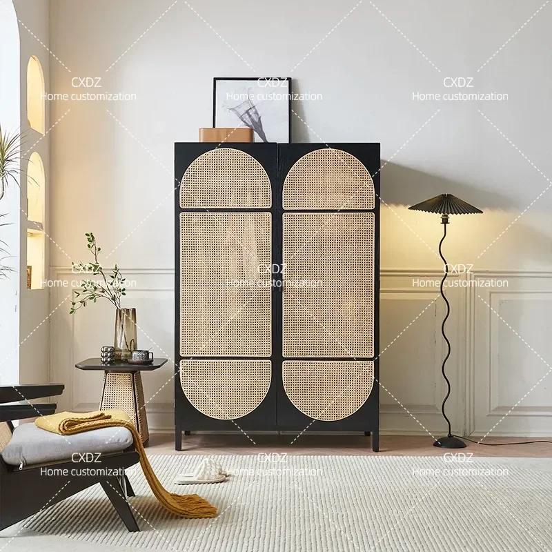 Rattan Wardrobe Solid Wood Storage Cabinet Nordic Simple Modern Home Bedroom Double Door Large Closet