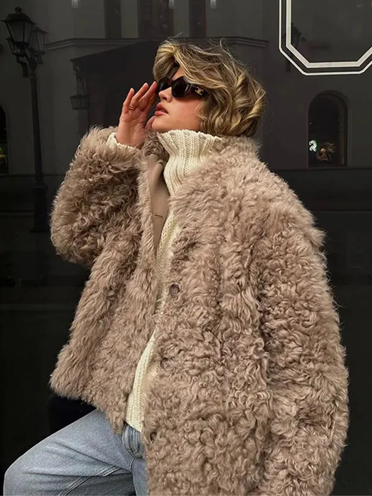 Retro Fluffy Faux Fur Coat Women Casual Single-Breasted Lapel Khaki Jacket Coats Female Autumn Warm Loose Chic Street Outwear