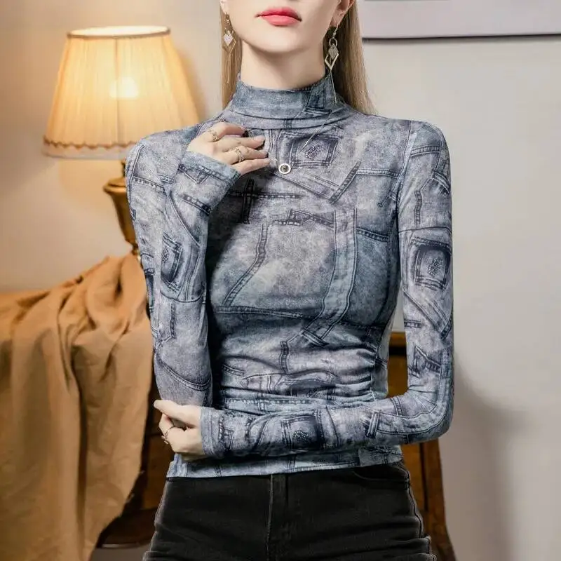 # 4217 Frühling 2026 Batik-Denim Bedrucktes Mesh-Langarmshirt für Damen, Dünnes Sexy Streetwear Kurzshirt, Elastisches Figurbetontes Oberteil