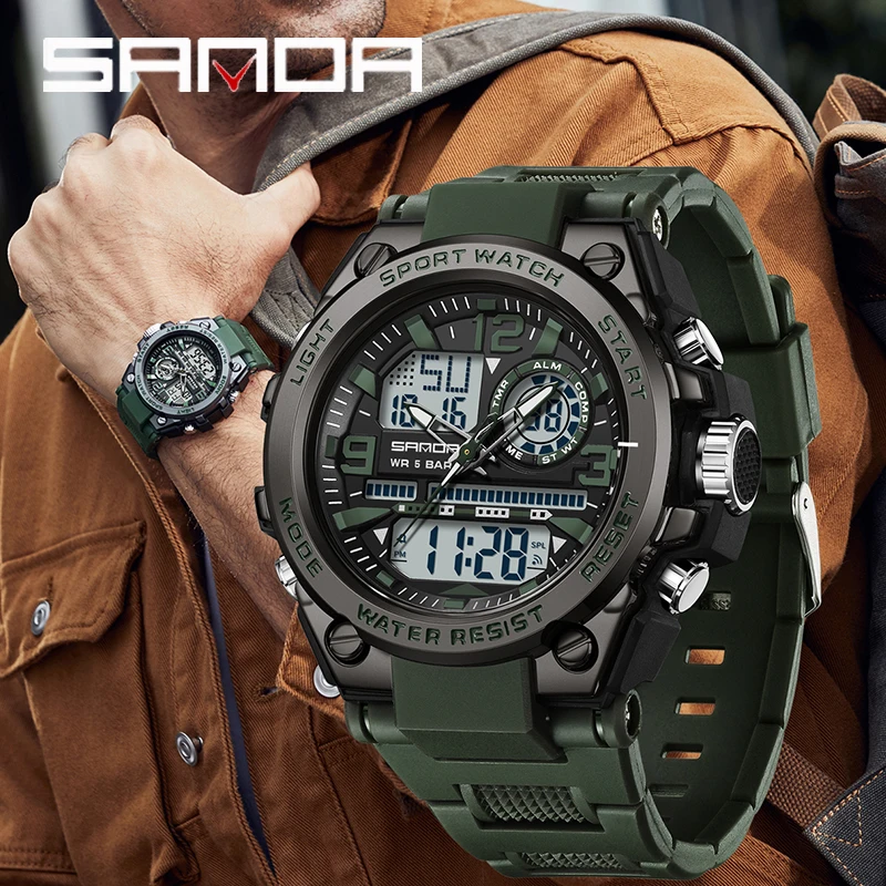 SANDA Men Sports Quartz Watches Dual Display LED Electronic Digital Wristwatches Waterproof Military Watch Relogios Masculino