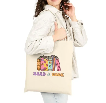 Book Lover Tote Bag Canvas Tote Bag Casual Fashion Versatile Shoulder Bag Reusable Grocery Bag Book Stack for Readers Women