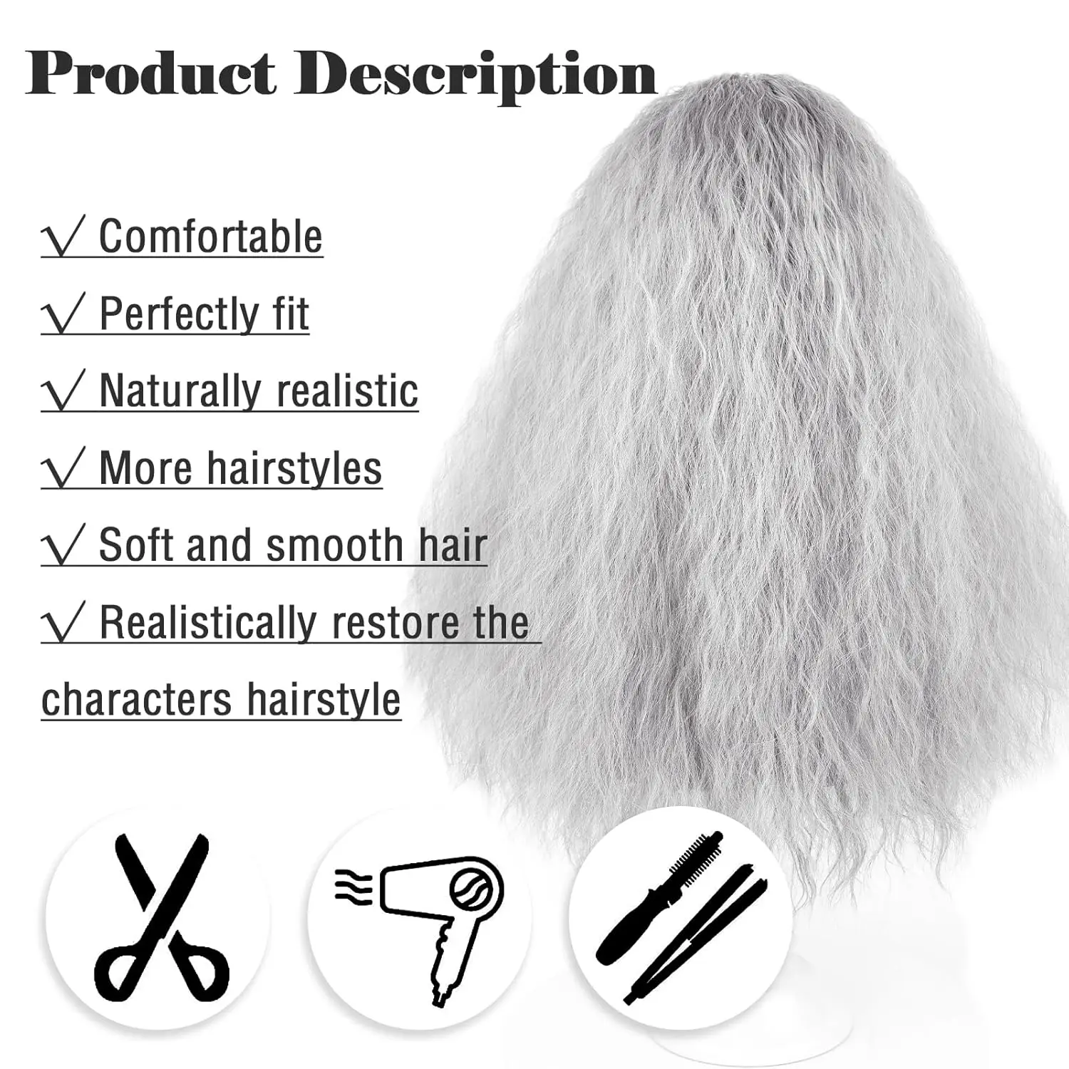 Pelucas y barba de cosplay grises para hombre de anime, cosplay de pelo sintético gris HallAnime Pelucas de cosplay grises para hombre y Beardoween, peluca de Navidad