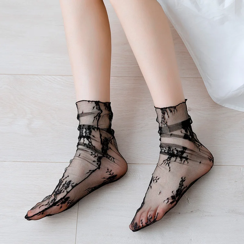 1Pair Women Tulle Mesh Socks Black White Summer Lace Thin Floral Sweet Style Transparent Stacked Socks