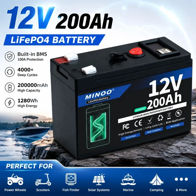 12V 200Ah LiFePO4 Solar Battery Deep Cycle Rechargeable Built-in BMS Lithium 200000mAh for Power Wheels Scooters Fish Finder