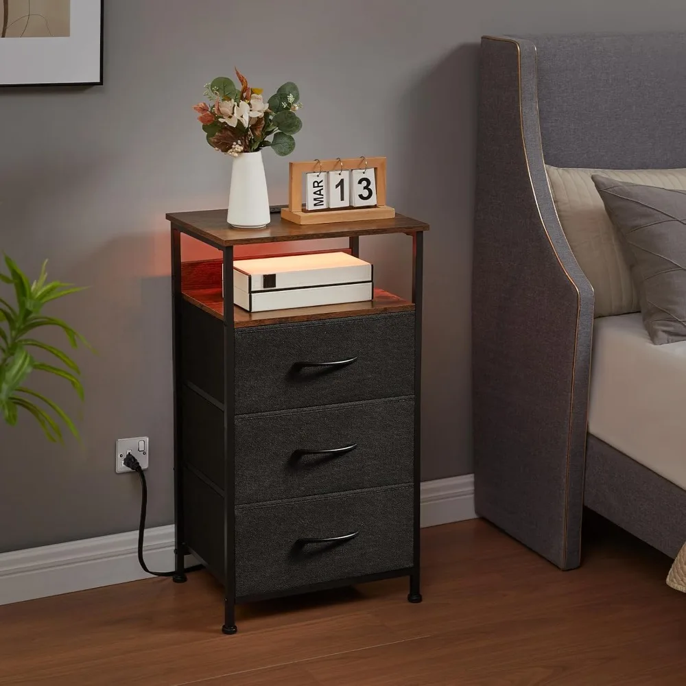 

Bedside table with charging station and LED light for bedroom, high 3-drawer dresser with fabric bucket for bedside laundry