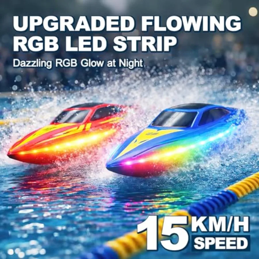 RC Boat for:2-Pack Remote Control Boats, ABS Plastic, Blue/Red, 7-Mode Light, 15 KPH Speed, Pool Lake Use, Waterproof, Low Batt