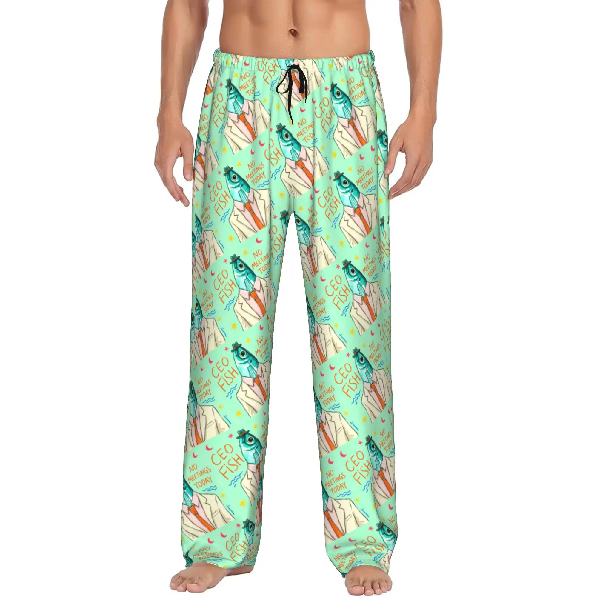 Custom Mr. Fish Pajama Pants for Men Funny Fish Sleepwear Lounge Sleep Bottoms Stretch with Pockets