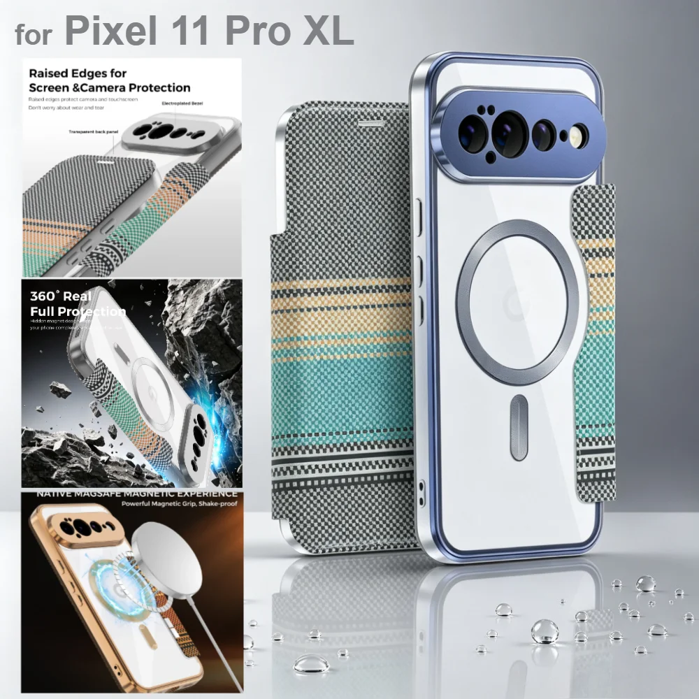 Étui portefeuille à rabat en fibre de carbone de luxe, motif Kevlar, pour Google Pixel 11 Pro XL10 Pro 10A, housse de protection Magsafe