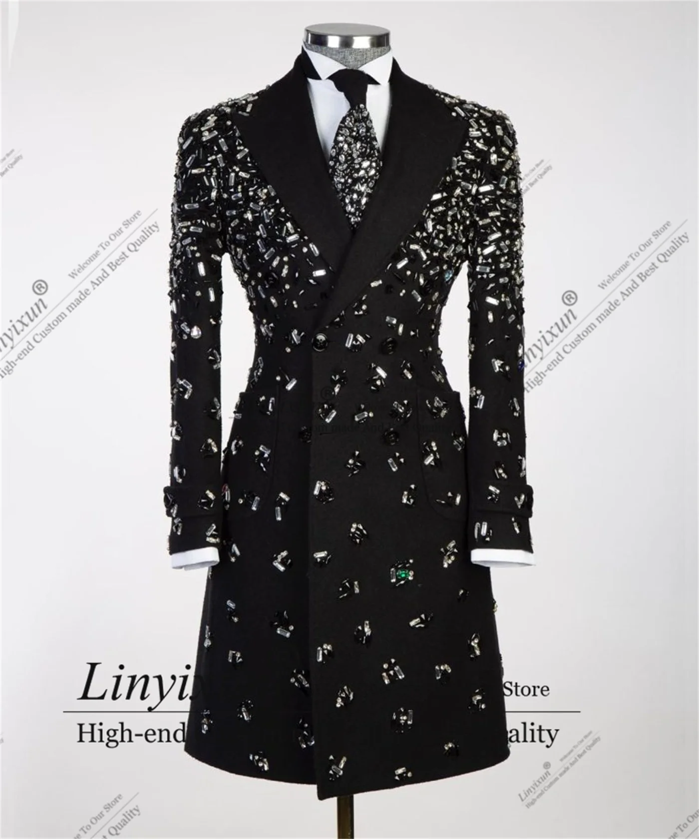 Elegent Crystals Men Suits Glitter Beaded Groom Wedding Tuxedos 1 Pieces Sets Male Prom Long Coat Customized Slim Costume Homme