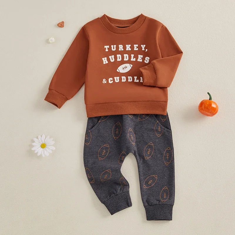 Kids Thanksgiving Day Outfits Baby Boys  Long Sleeve Crew Neck Letters Rugby Print Sweatshirts Sweatpants Pants Clothing Sets