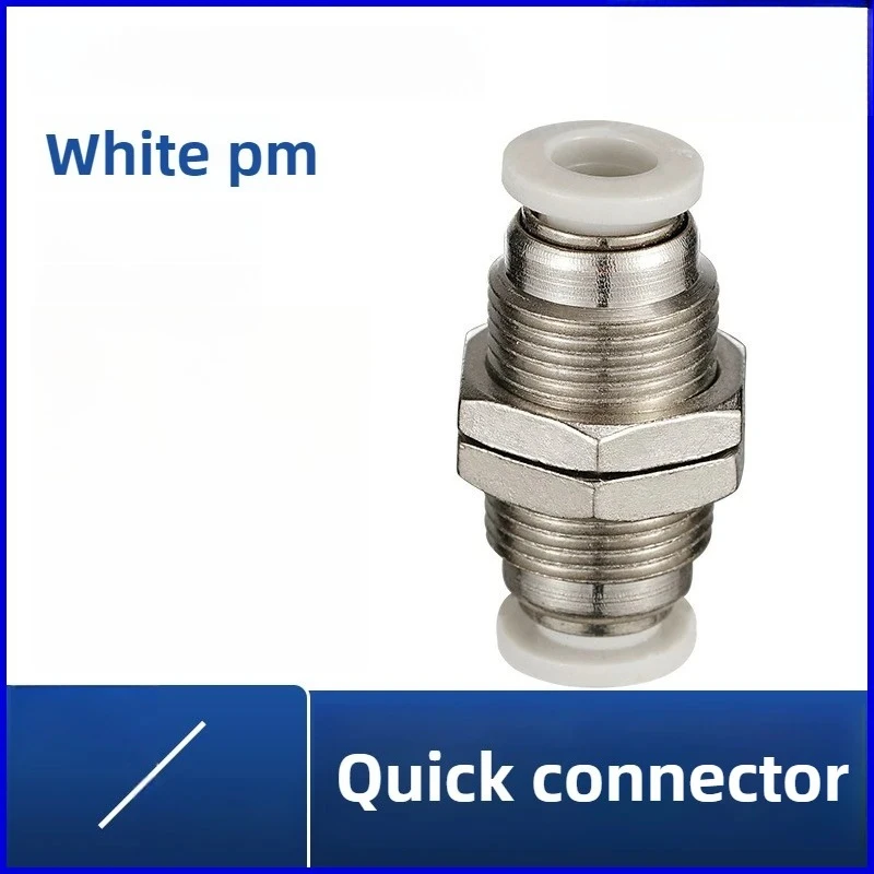 Through Wall Pneumatic Quick Plug Fitting, PM Series White Cap Bulkhead Connector for Air Tubing