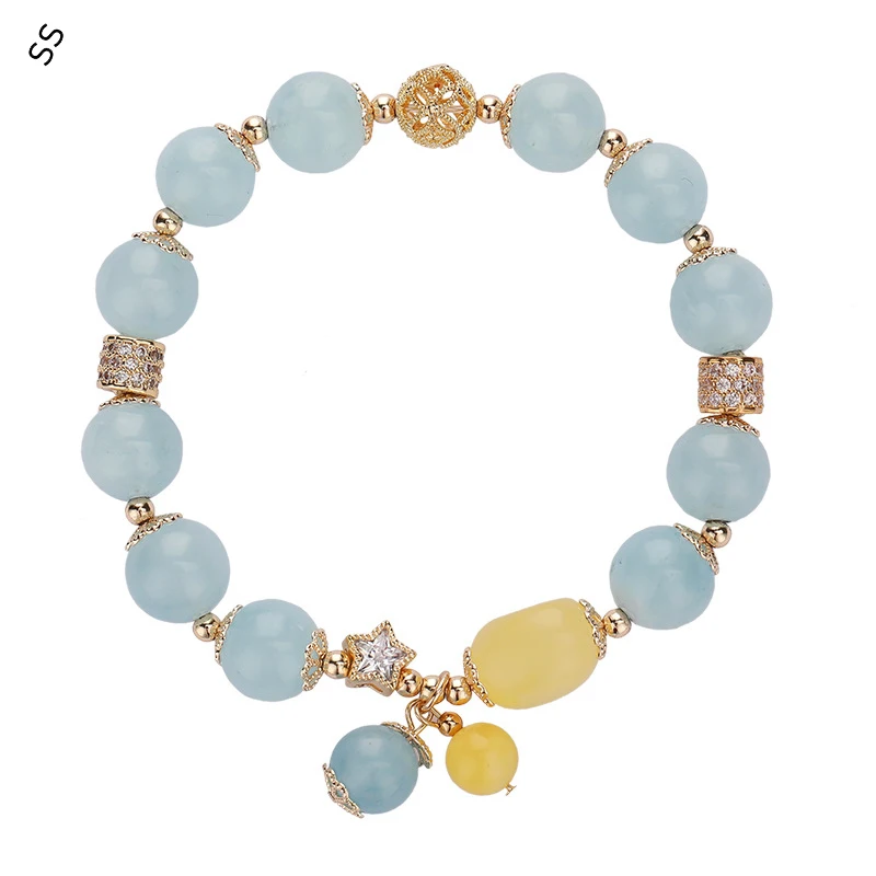 

Natural Aquamarine Crystal Bracelet Girl Large Round Beads Hand Strand Jewelry Accessories with Stars and Ball Ornament Daily